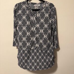 Women’s Size L Croft & Barrow Navy Blue White Tunic Blouse Buttons EUC